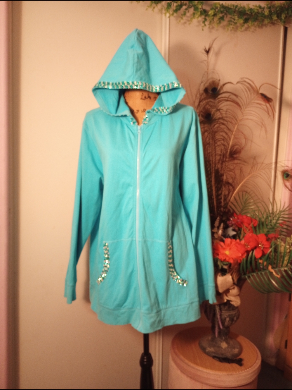 Quacker Factory Teal Zip Hoodie with Sequin Trim